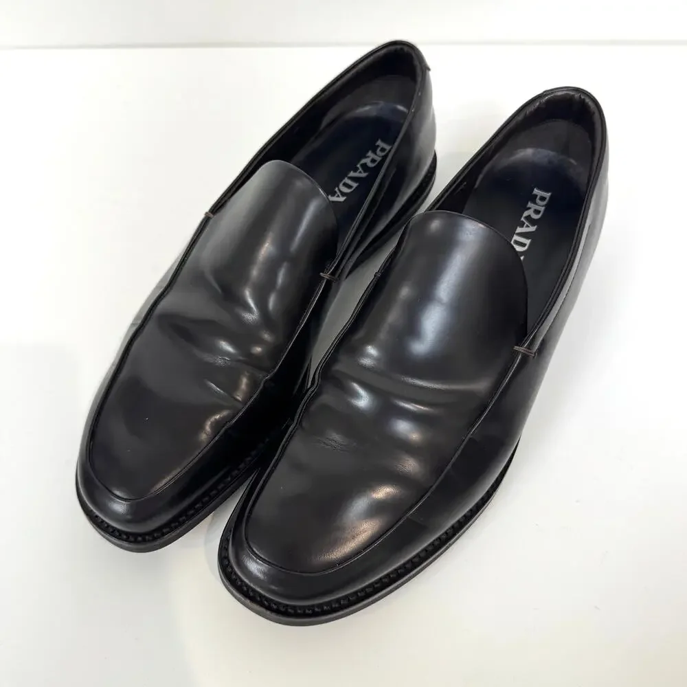 PRADA Black Leather Rubber Sole Loafer 10 Slip On Patent Sneaker Dress Shoe